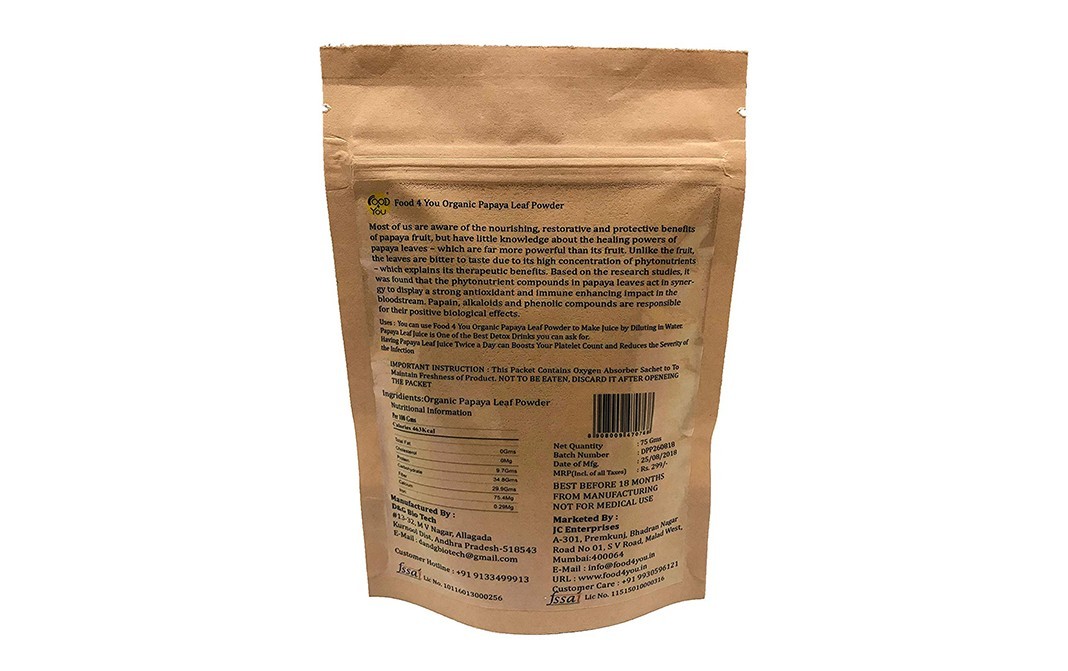 Food 4 You Organic Papaya Leaf Powder (Raw Natural)   Pack  200 grams